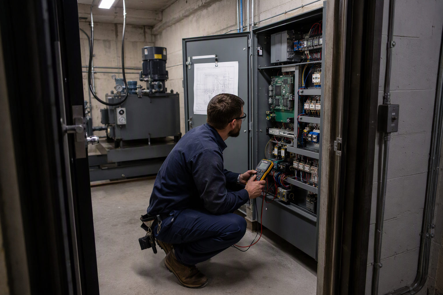 Elevator technician inspecting a hydraulic elevator controller in a Columbia SC hotel machine room as part of a code compliance assessment for a service quote