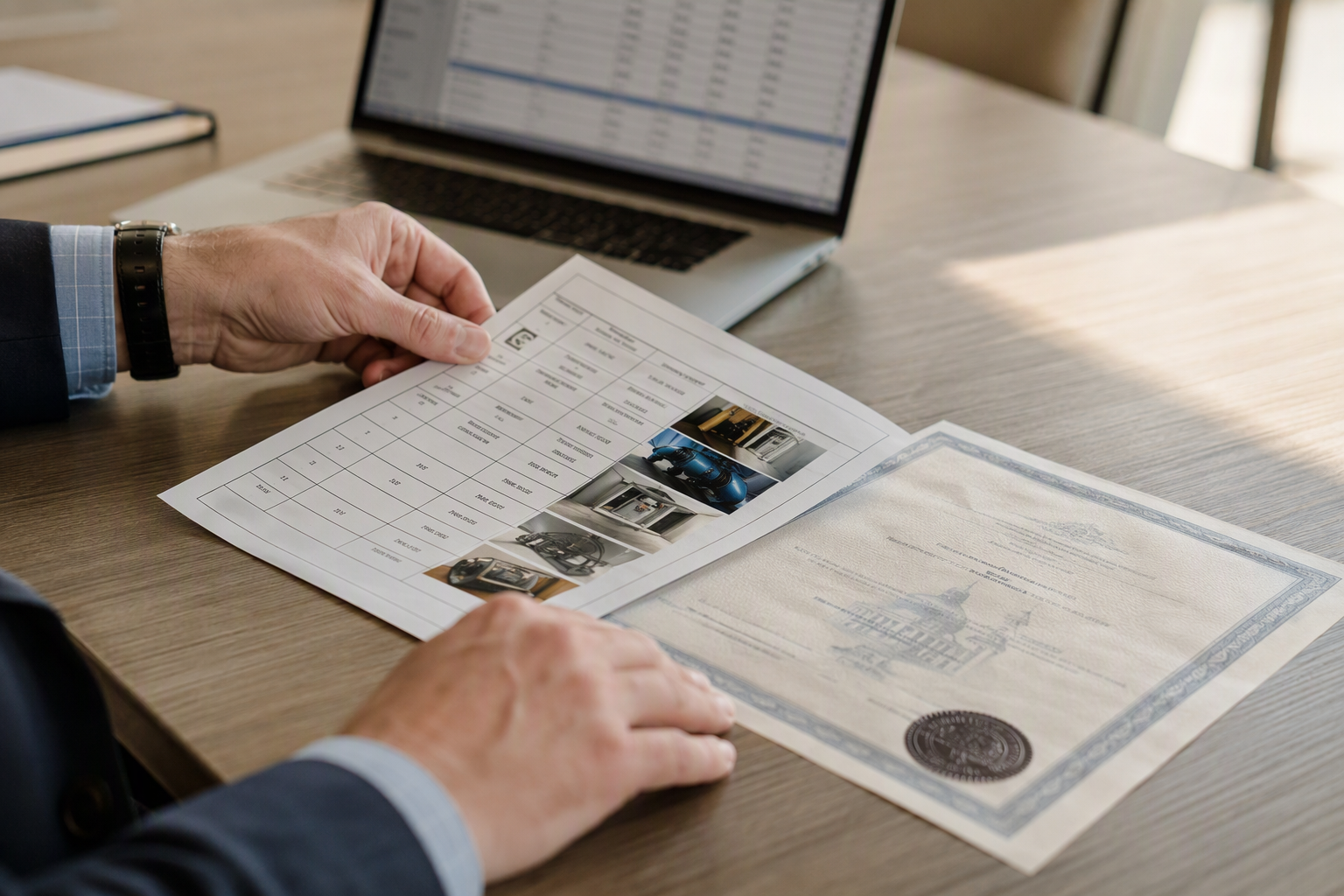 Hotel facilities manager reviewing elevator operating certificates and equipment inventory documents needed to request an elevator service quote in South Carolina