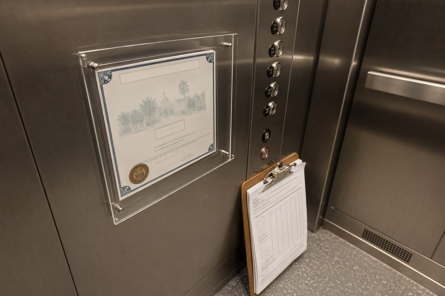 South Carolina elevator operating certificate displayed inside commercial elevator cab alongside inspection clipboard, representing annual compliance requirements under SC Code Title 41