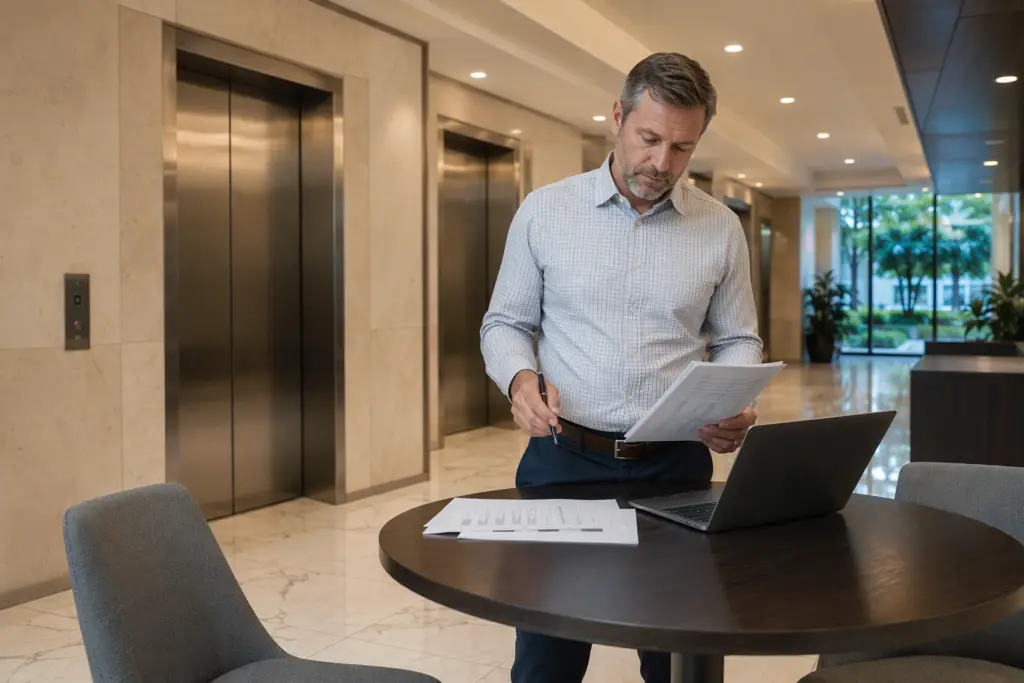 Property manager reviewing 2027 elevator maintenance budget documents in a Columbia SC commercial office building lobby with stainless steel elevator doors in background
