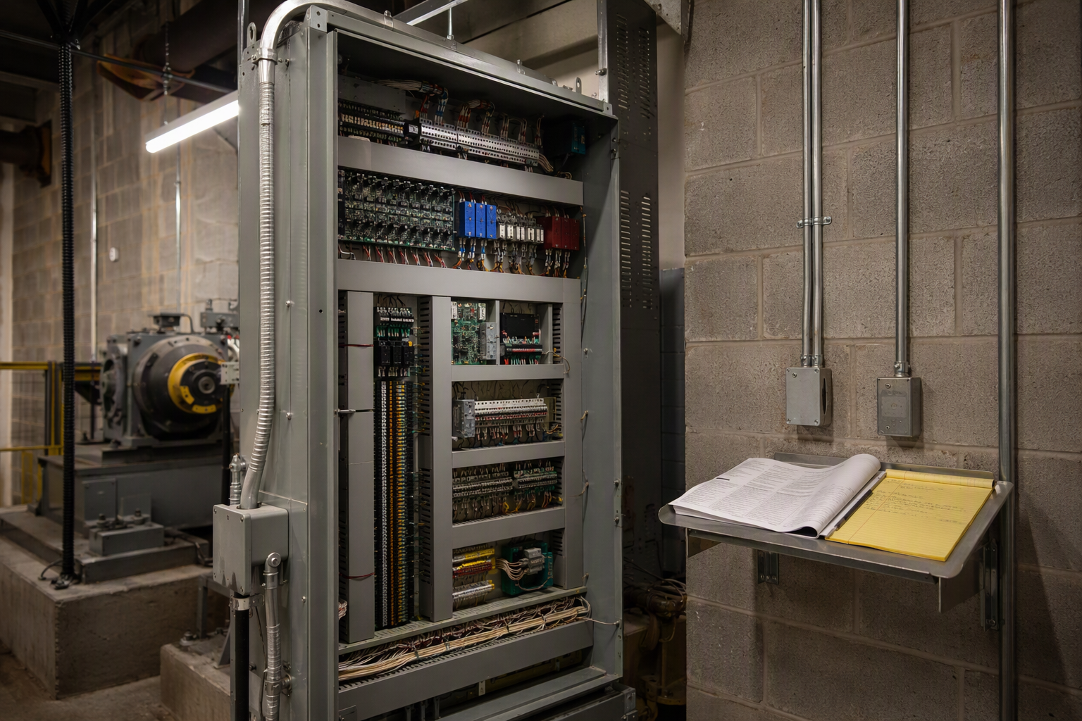 Elevator machine room controller cabinet with capital replacement cost documents, representing five-year budget forecasting data for ownership approval meetings