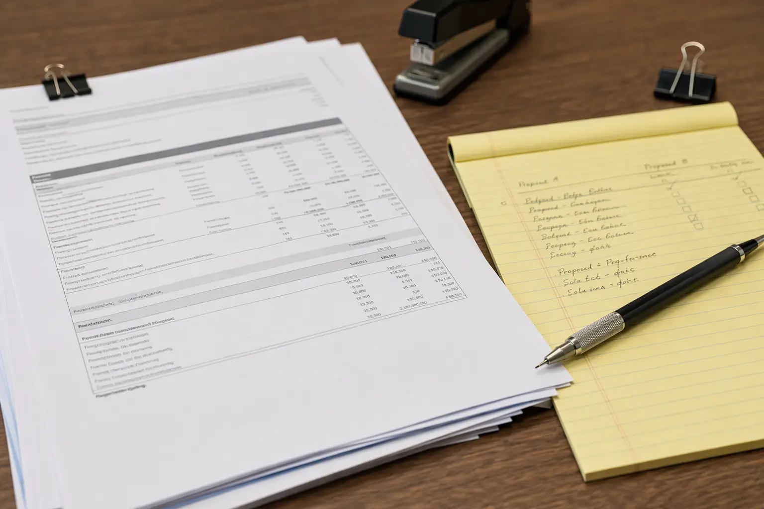 Itemized elevator service proposals and comparison notes on a desk, showing how to evaluate elevator bids accurately for Columbia SC properties