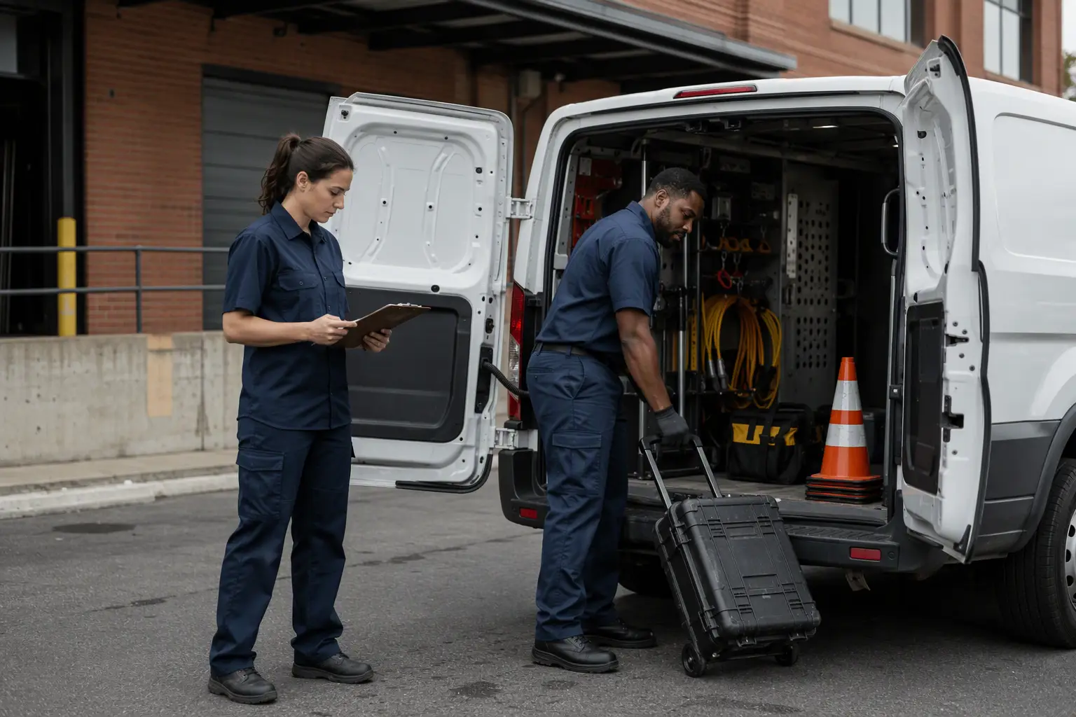 Elevator service technicians arriving at a Columbia SC commercial building with tools, representing certified local providers responding to a bid-awarded maintenance contract