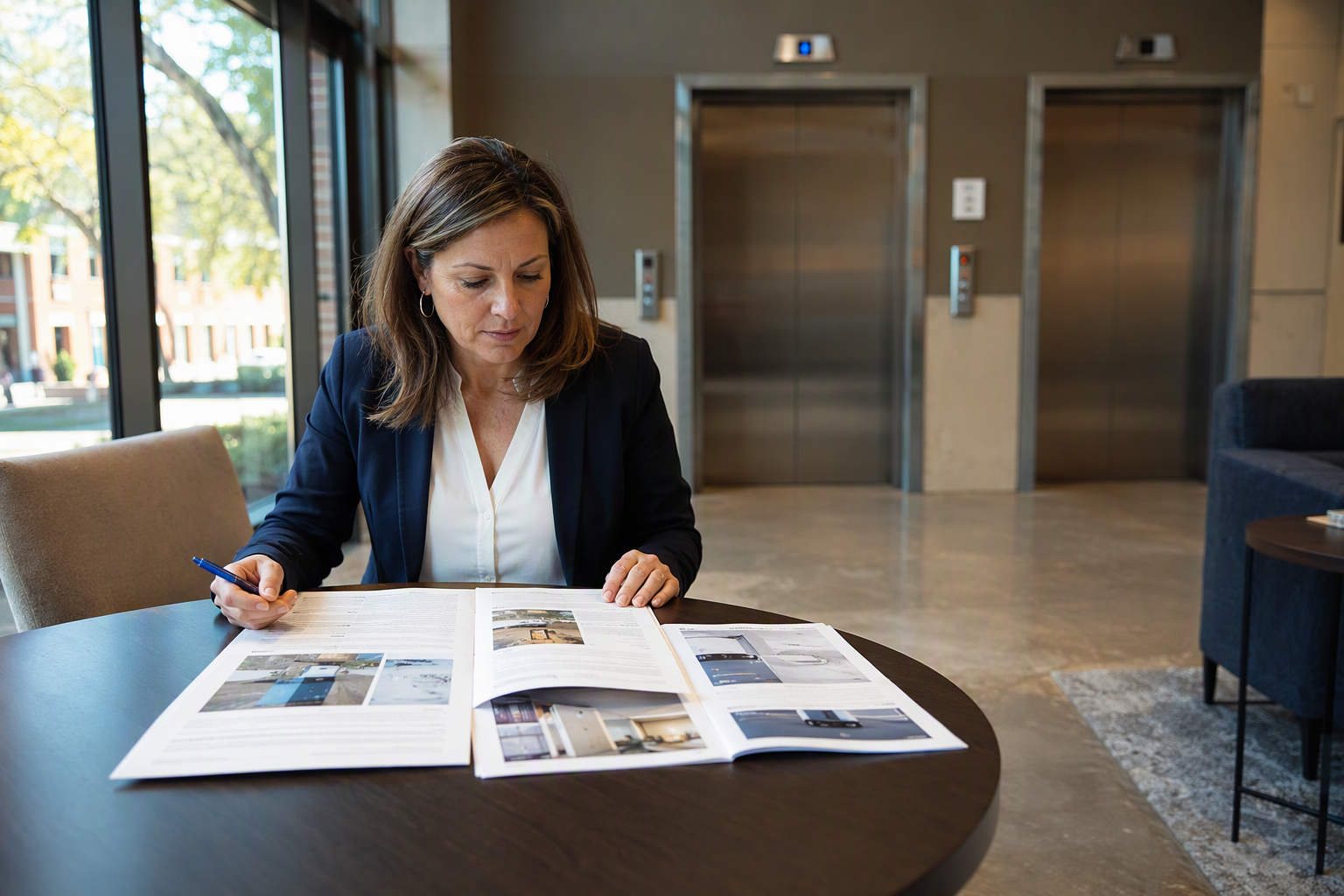 Columbia SC building manager comparing elevator bids from multiple companies at a lobby table with stainless steel elevator doors visible in the background