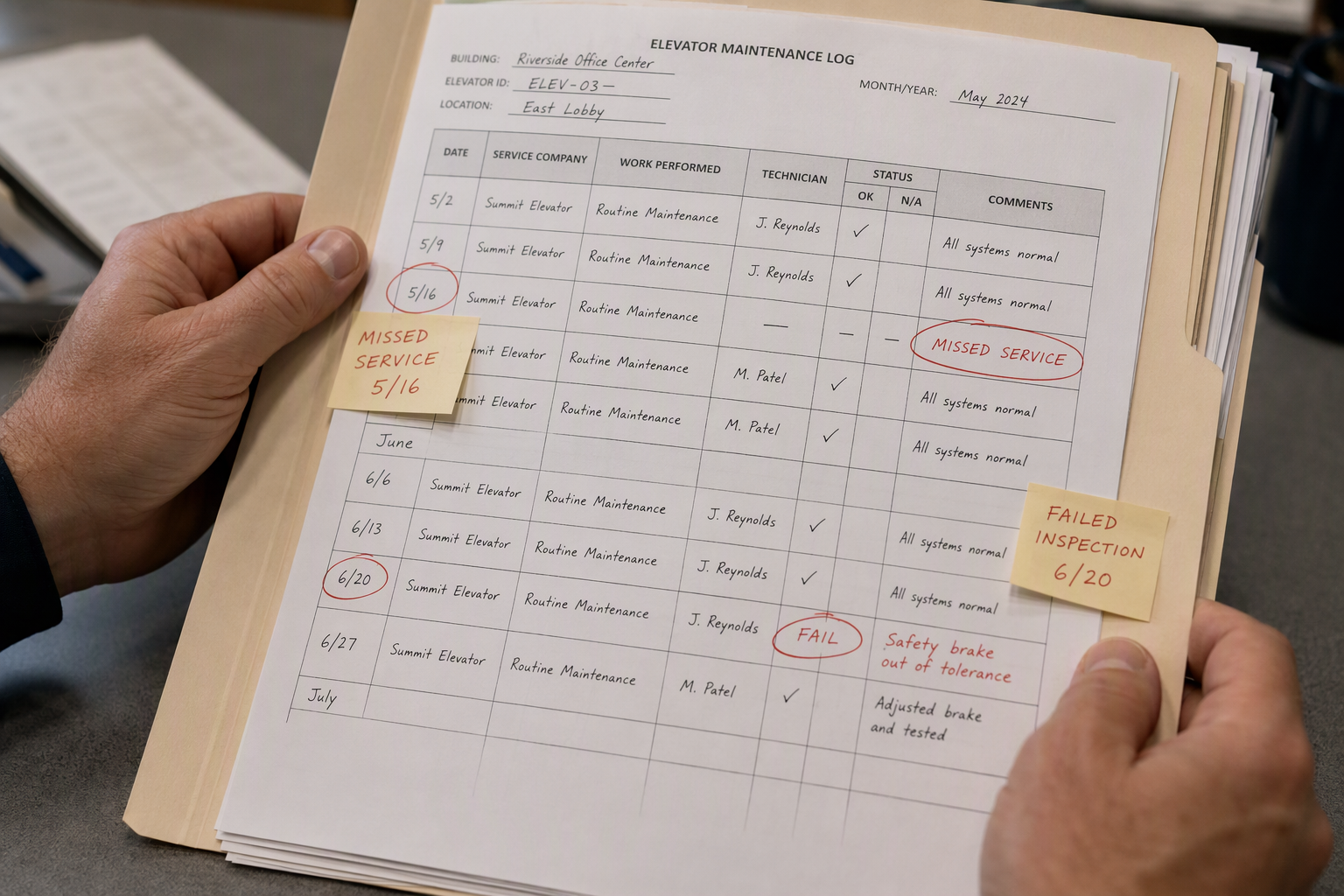 Hands holding an annotated elevator service log documenting missed maintenance visits, supporting grounds for termination for cause of an elevator contract