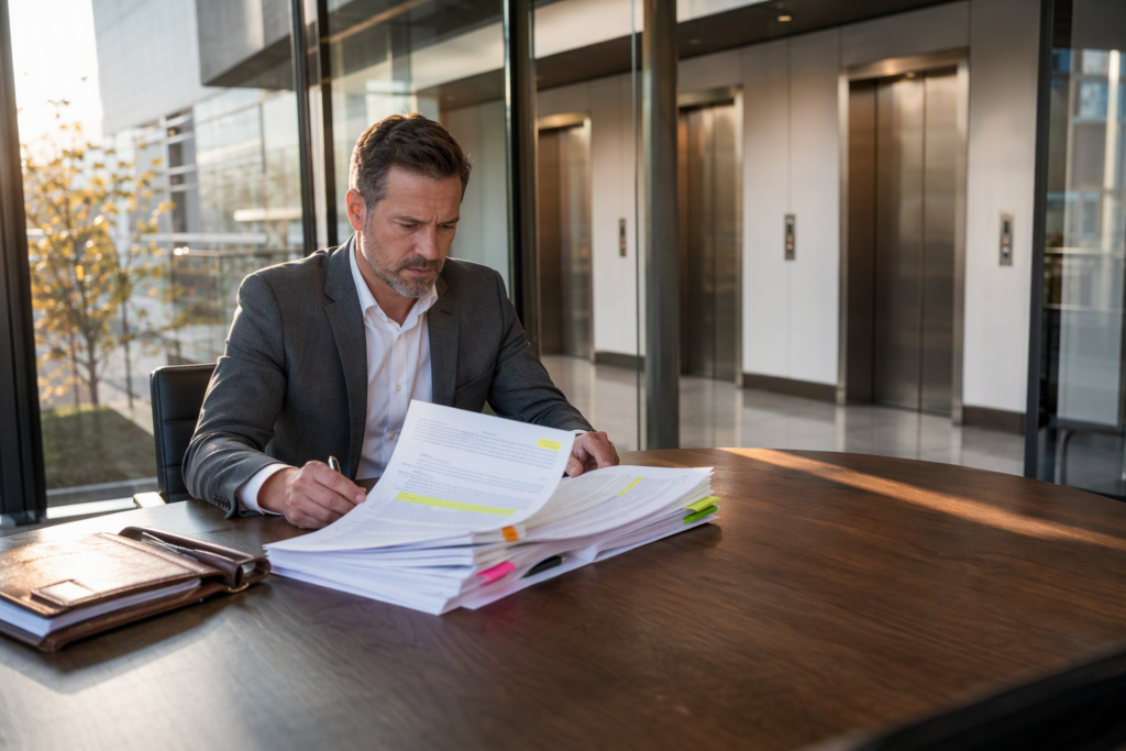 Property manager reviewing an elevator maintenance contract at a conference table in a Columbia SC office building, elevator doors visible in background
