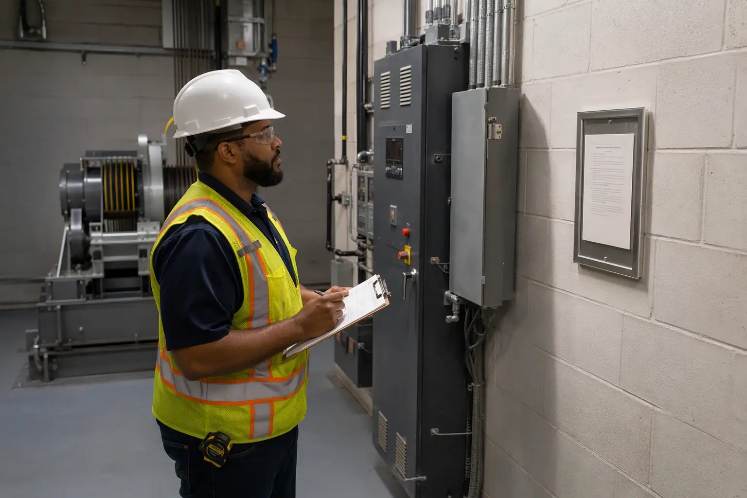 Elevator inspector reviewing an operating certificate in a Columbia SC machine room during a contractor transition to ensure South Carolina regulatory compliance