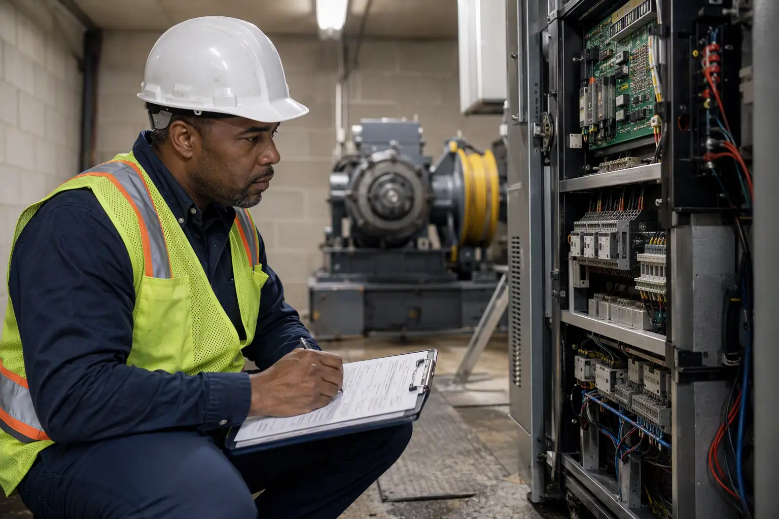 Elevator inspector reviewing controller wiring in a machine room during an annual South Carolina state elevator inspection