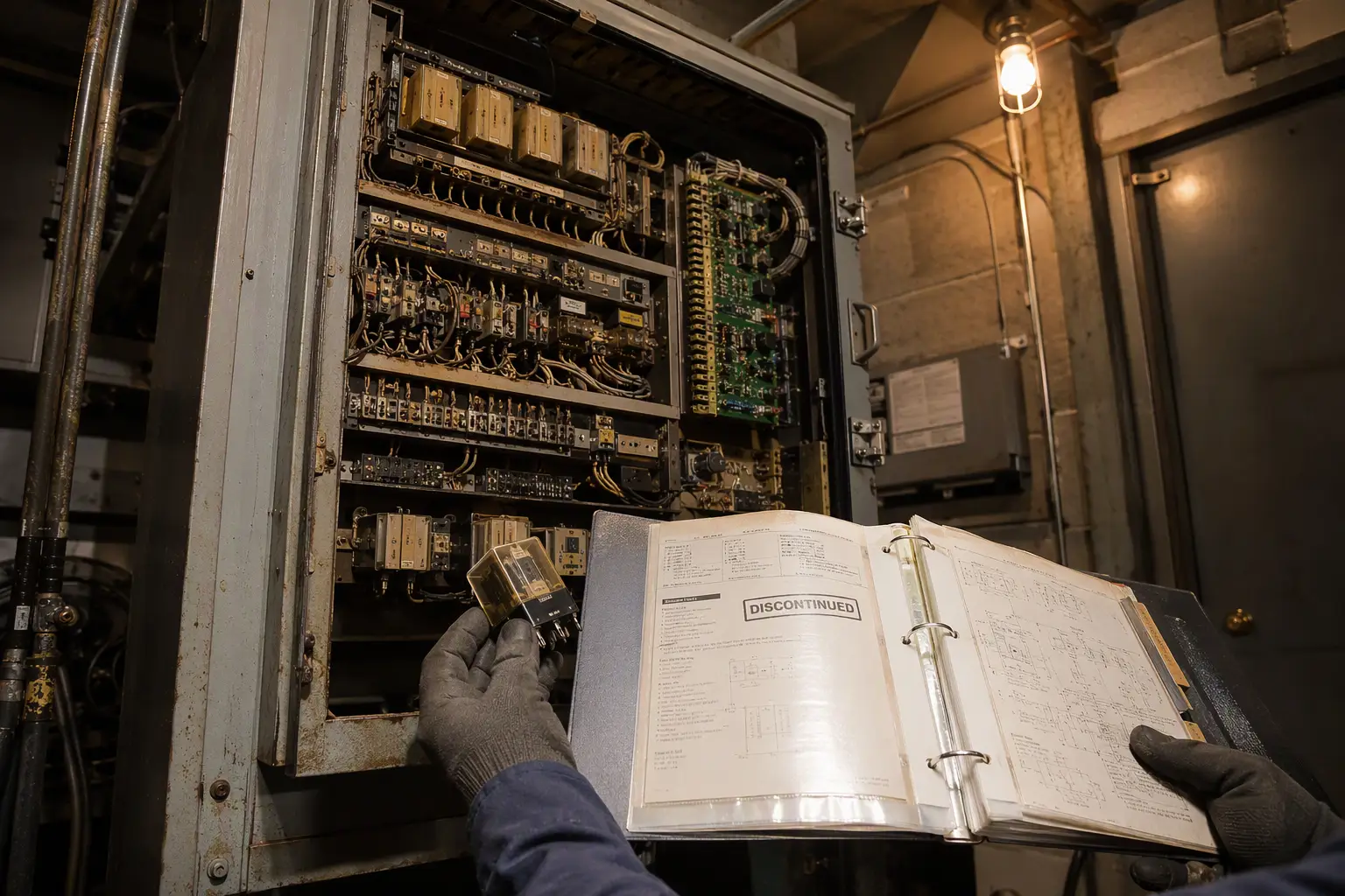 Obsolete Parts: A Key Warning Sign Repairs Are No Longer Cost-Effective Obsolete elevator controller with discontinued relay components in a machine room, illustrating why sourcing parts for old elevators signals it may be time to modernize or replace