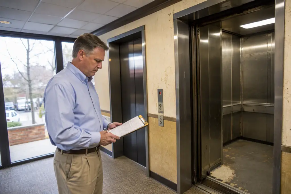 Facilities manager reviewing elevator service records in a Columbia SC office building lobby, evaluating whether the aging elevator is too old to repair or should be modernized