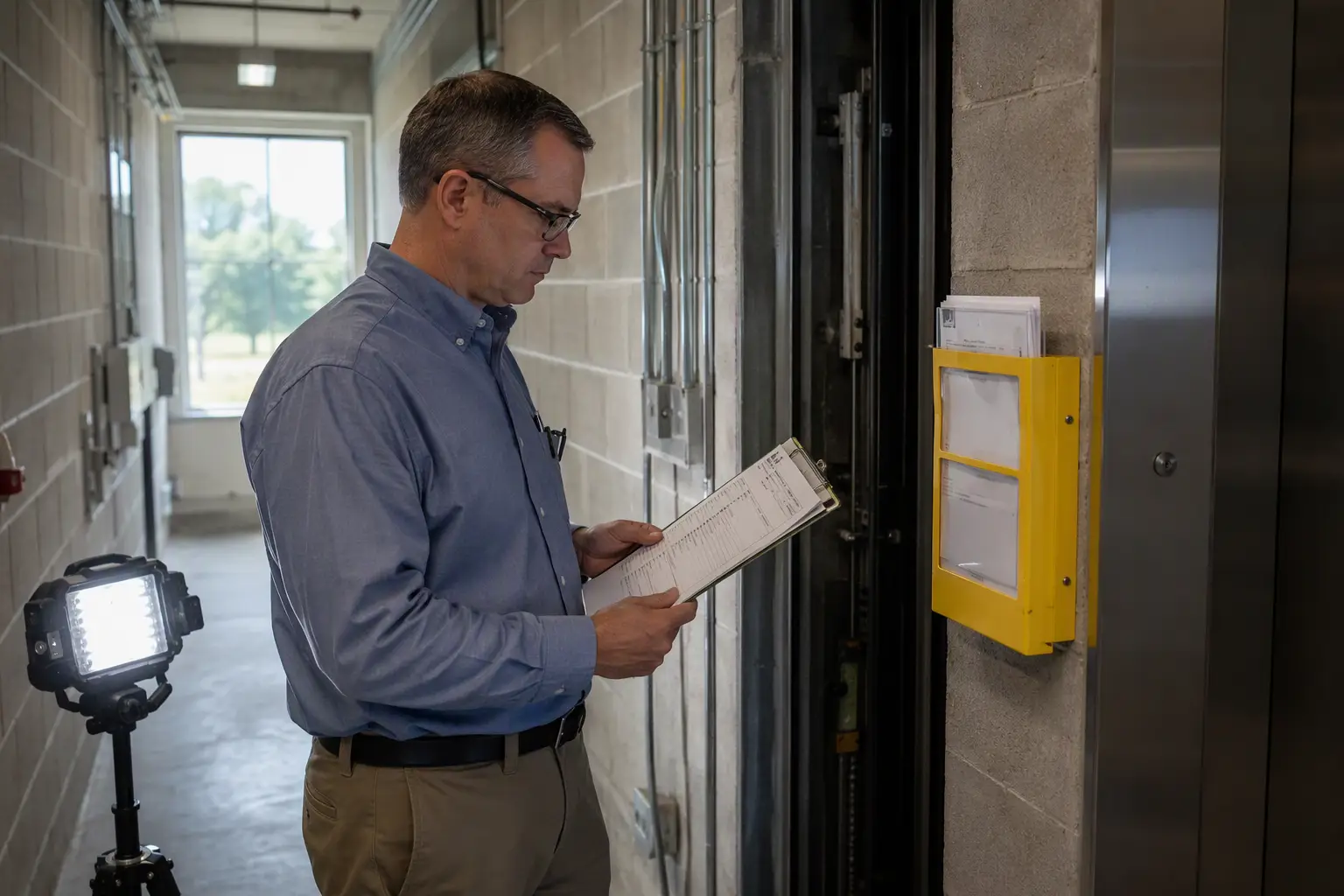 South Carolina Elevator Code Compliance Inspection South Carolina elevator safety inspector reviewing compliance checklist and inspection certificate beside a hoistway, assessing whether an older elevator meets current ASME A17.1 and ADA code requirem
