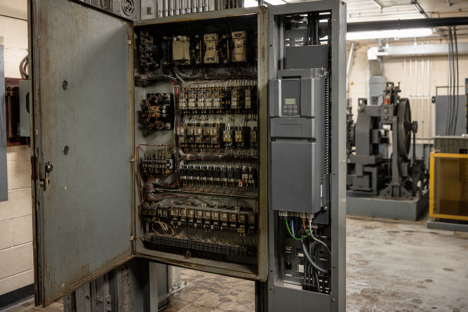 Aging relay-logic elevator controller beside a newly installed VFD drive unit inside a heritage building machine room, representing the major cost of elevator modernization over 20 years.