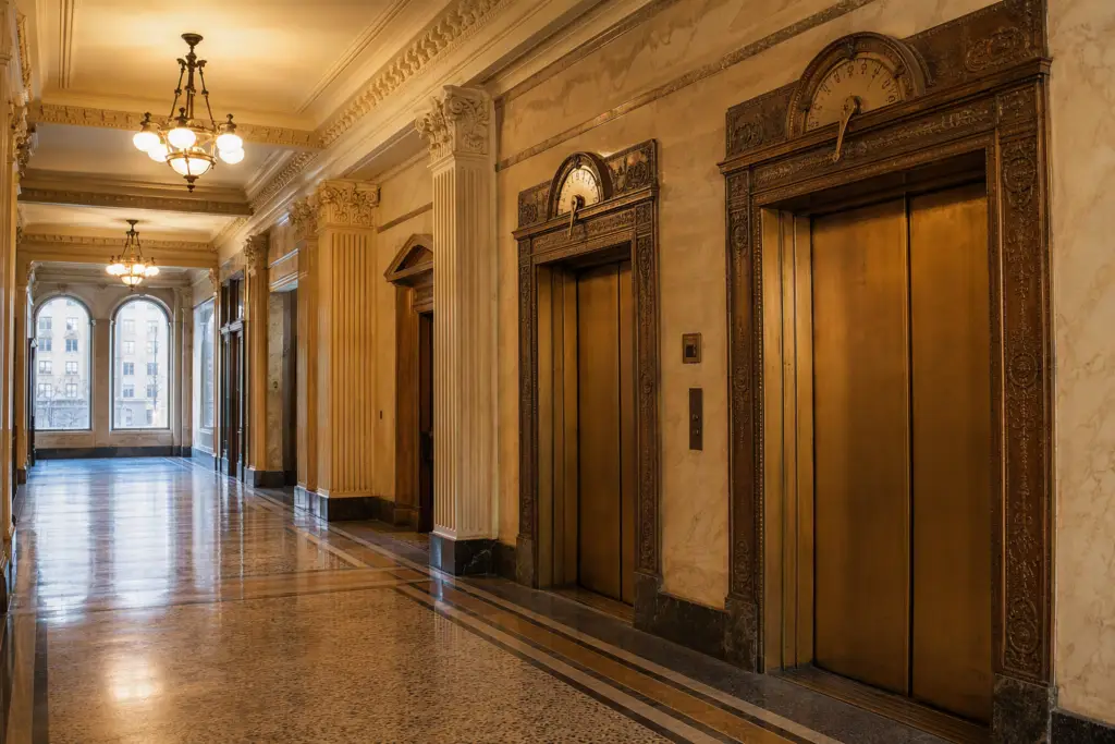 Bank of original traction elevators with patinated bronze surrounds in the lobby of a historic Columbia SC heritage building, illustrating long-term elevator capital expense planning.