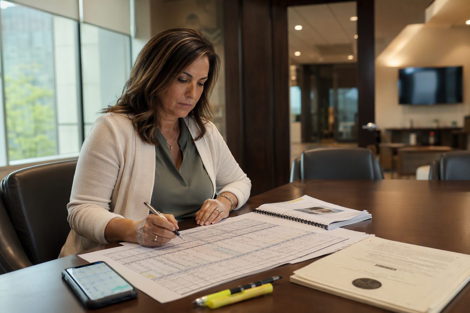 Building manager reviewing a 20-year elevator capital reserve plan and South Carolina LLR inspection report documents at an office desk in Columbia SC.