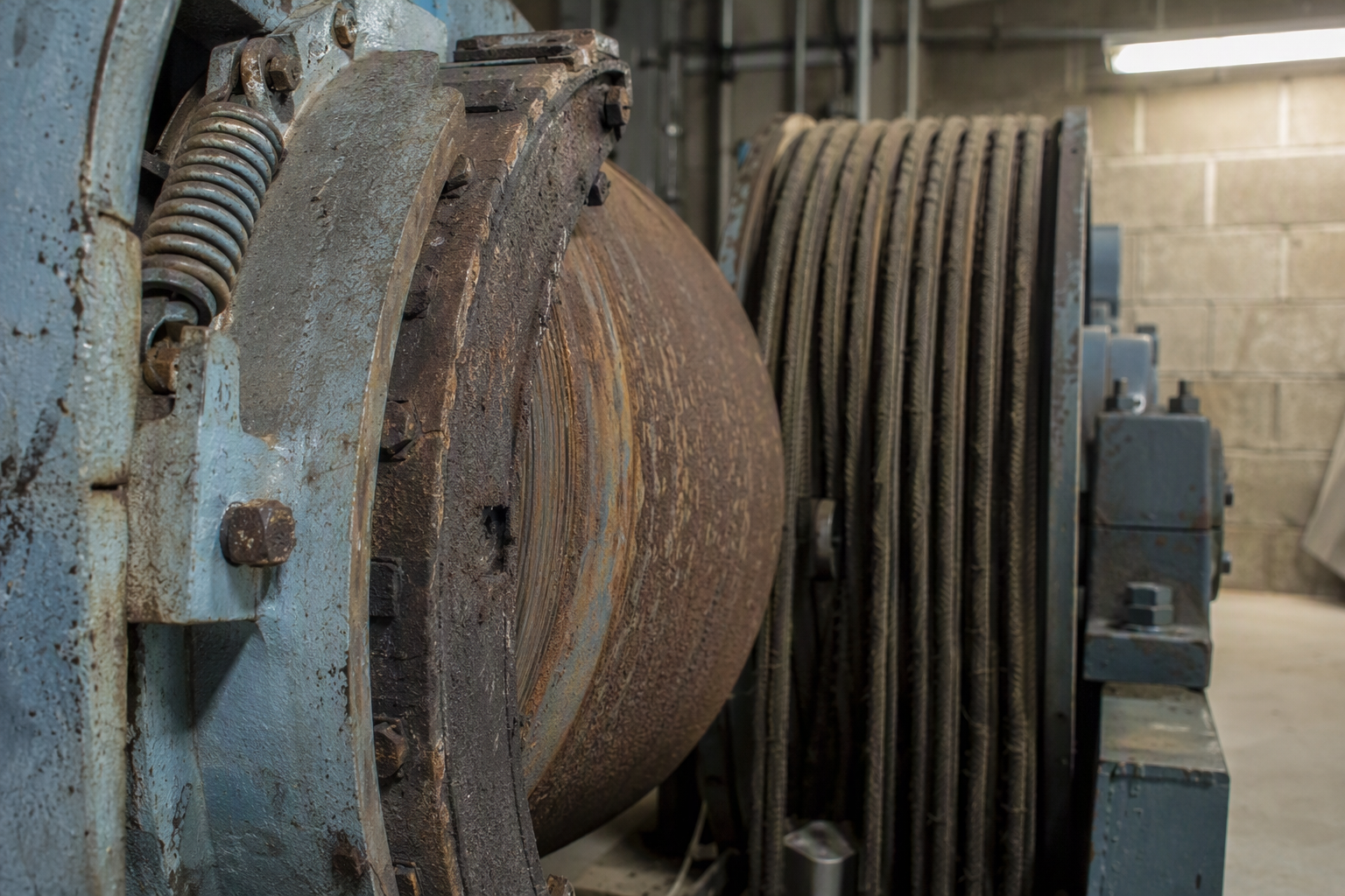Corroded brake drum and seized brake shoe on an idle elevator in a machine room, showing rust and oxidation from extended mechanical inactivity.