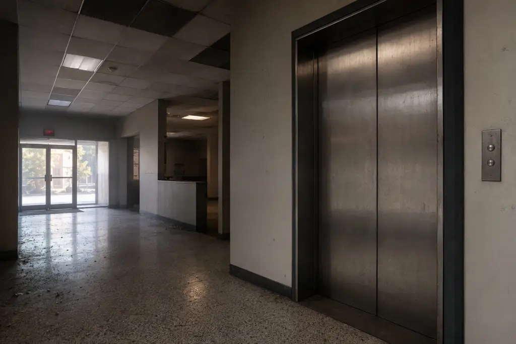 Idle elevator with tarnished stainless-steel doors in a vacant commercial building lobby in Columbia SC, showing signs of extended inactivity and disuse.