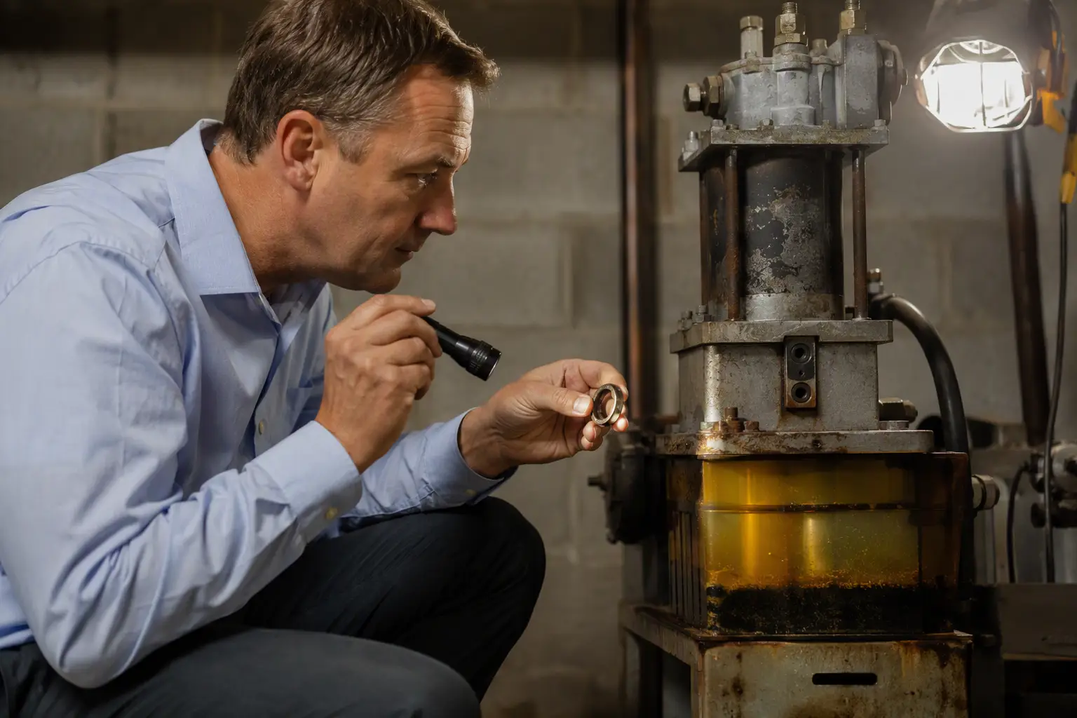 Building manager inspecting a degraded hydraulic elevator pump unit and cracked plunger seal in a mechanical room, assessing fluid condition after extended vacancy.