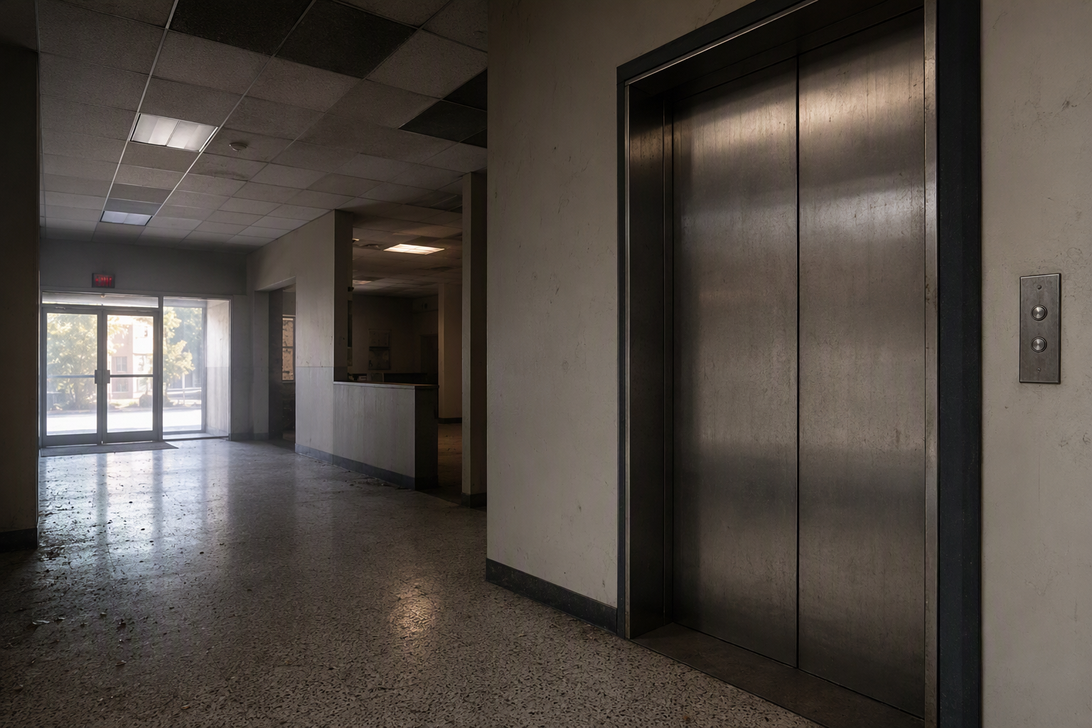 Idle elevator with tarnished stainless-steel doors in a vacant commercial building lobby in Columbia SC, showing signs of extended inactivity and disuse.