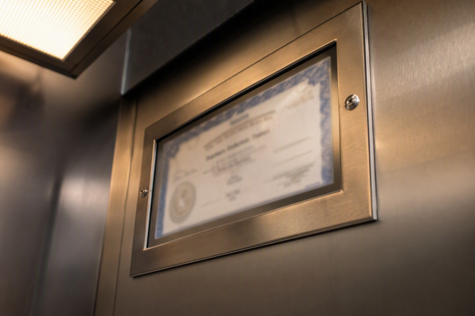 South Carolina elevator operating certificate displayed inside a commercial elevator cab, required to be conspicuously posted before the elevator may legally operate