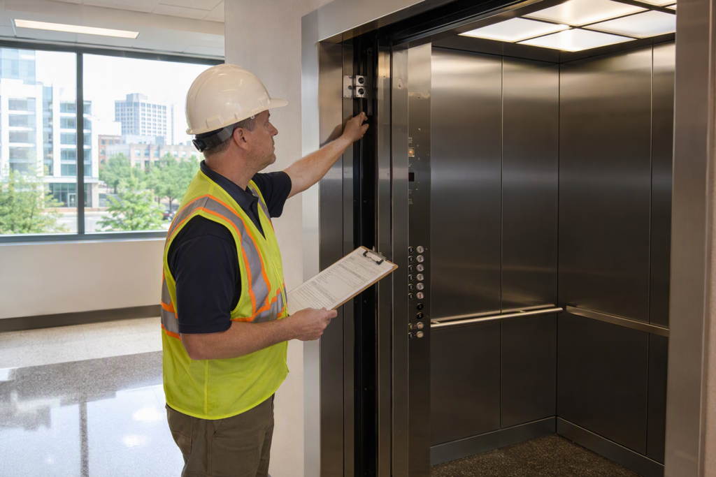 South Carolina elevator inspector reviewing door interlock and cab interior during an annual elevator inspection in a Columbia SC commercial office building