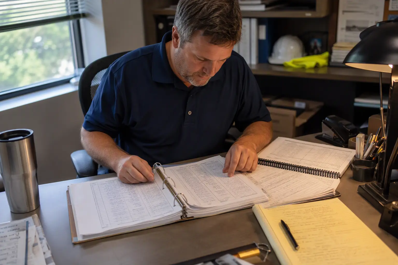 Building manager reviewing elevator maintenance records and ASME A17.1 compliance documentation at a desk before an elevator inspection in South Carolina